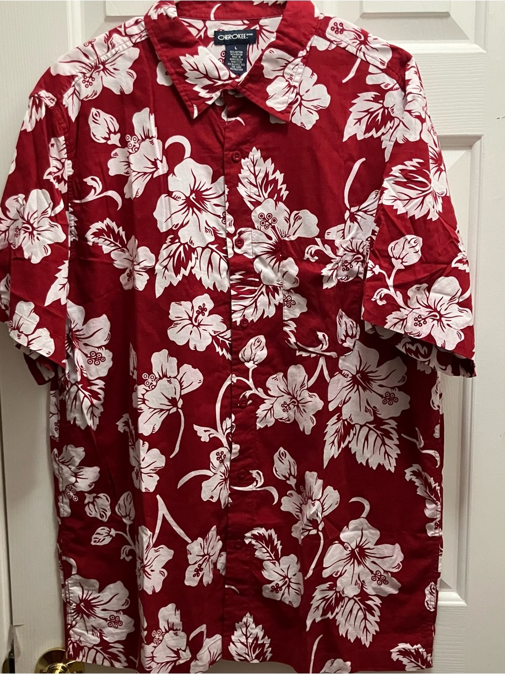vintage Cherokee red short-sleeve Hawaiian button-down shirt L Hibiscus Flower